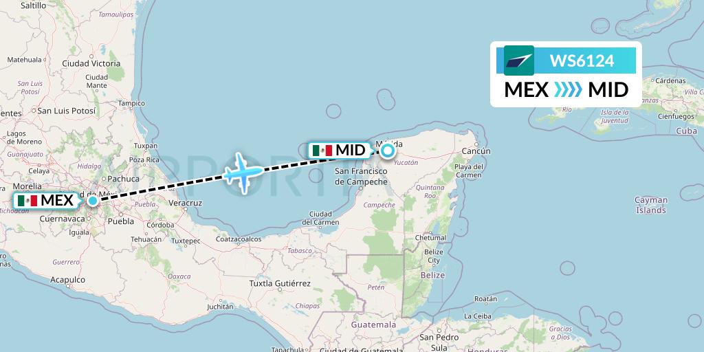 WS6124 WestJet Flight Map: Mexico City to Merida