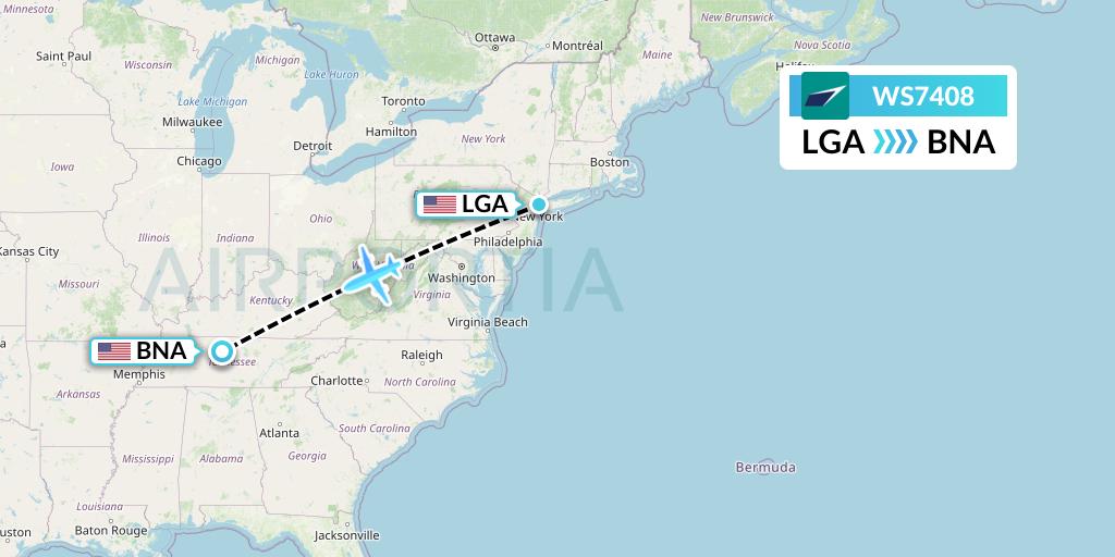 WS7408 WestJet Flight Map: New York to Nashville