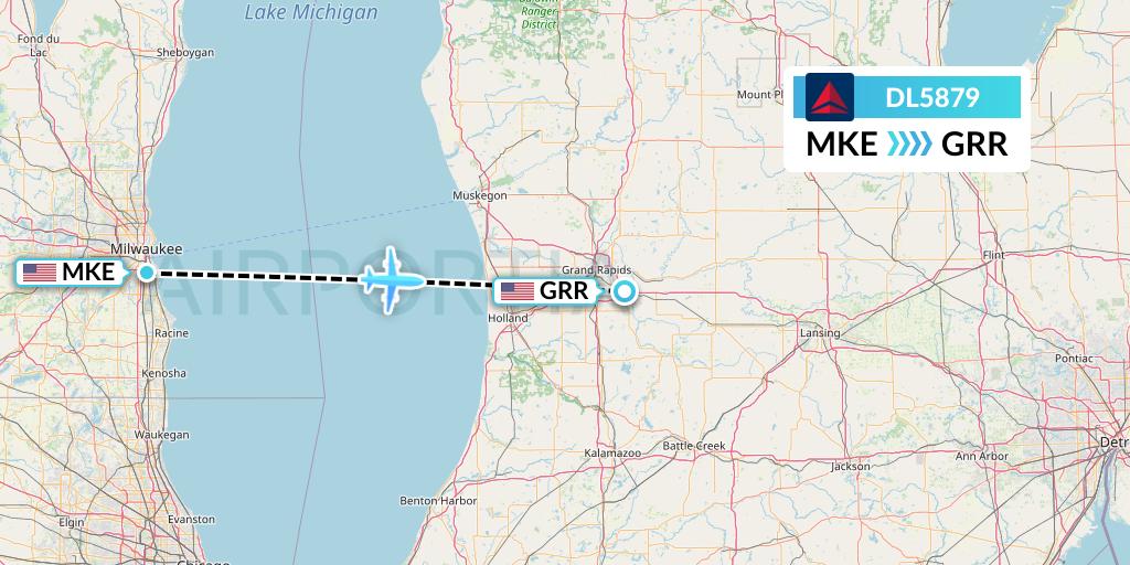 DL5879 Delta Air Lines Flight Map: Milwaukee to Grand Rapids