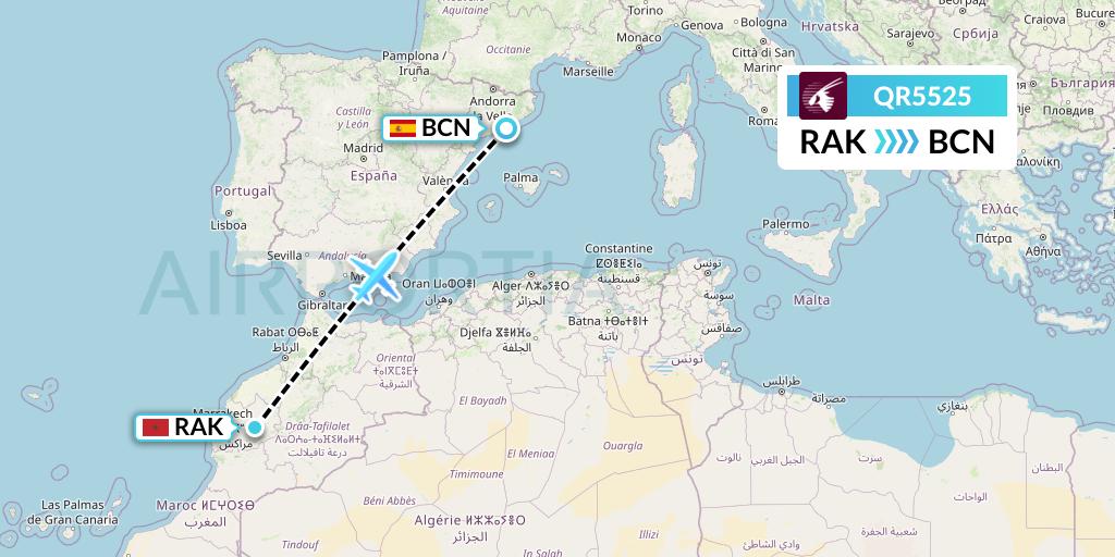 QR5525 Qatar Airways Flight Map: Marrakesh to Barcelona