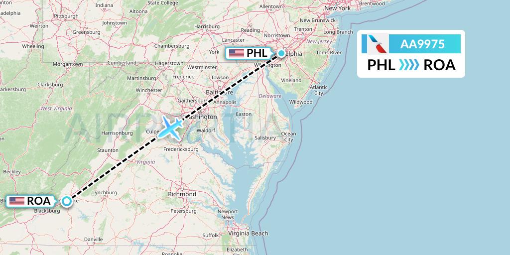 AA9975 American Airlines Flight Map: Philadelphia to Roanoke