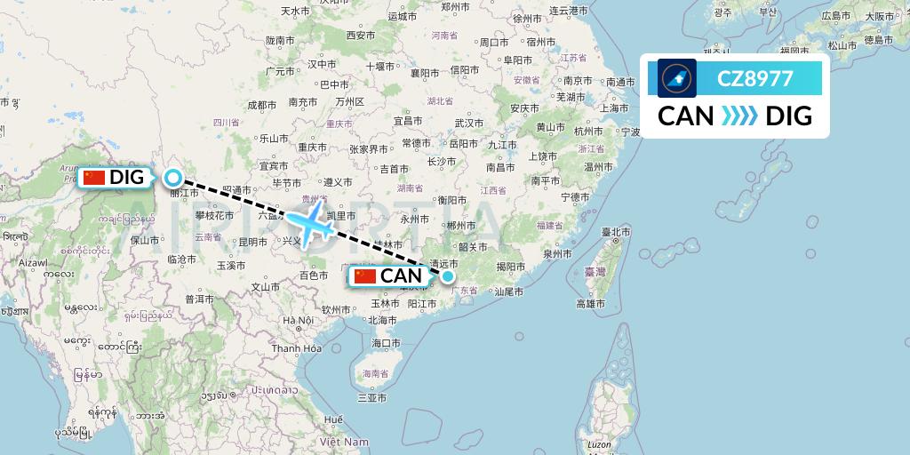 CZ8977 China Southern Airlines Flight Map: Guangzhou to Shangri-La