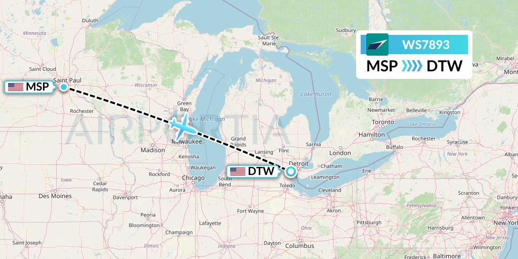 WS7893 WestJet Flight Map: Minneapolis to Detroit