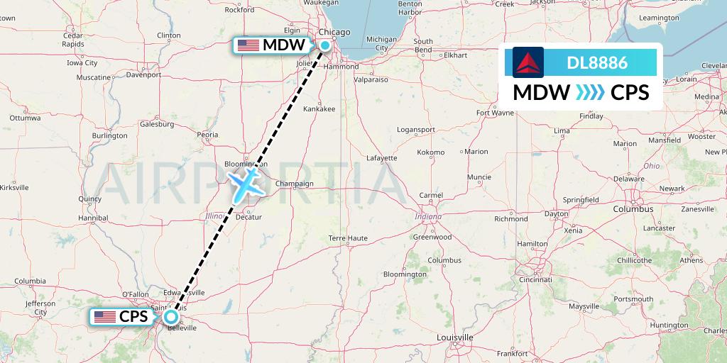 DL8886 Delta Air Lines Flight Map: Chicago to St. Louis