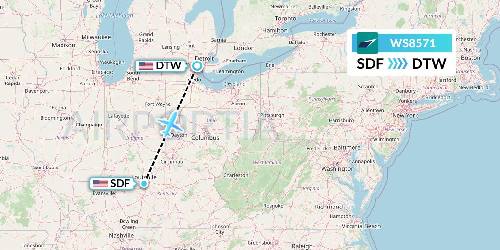 WS8571 WestJet Flight Map: Louisville to Detroit