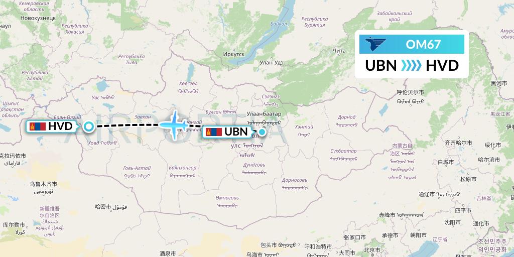 OM67 MIAT Mongolian Airlines Flight Map: Ulan Bator to Khovd