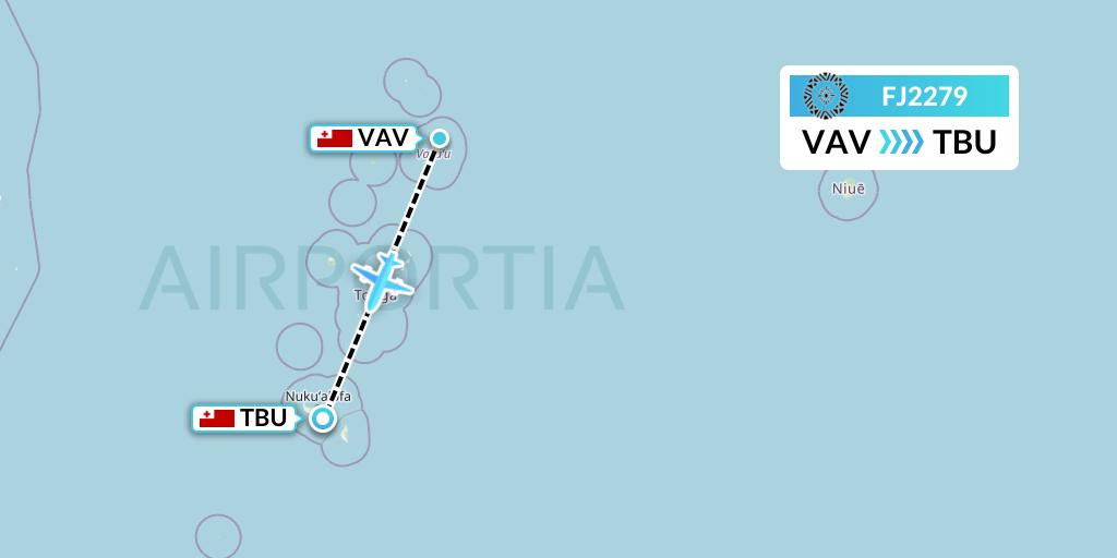 FJ2279 Fiji Airways Flight Map: Vavau to Tongatapu