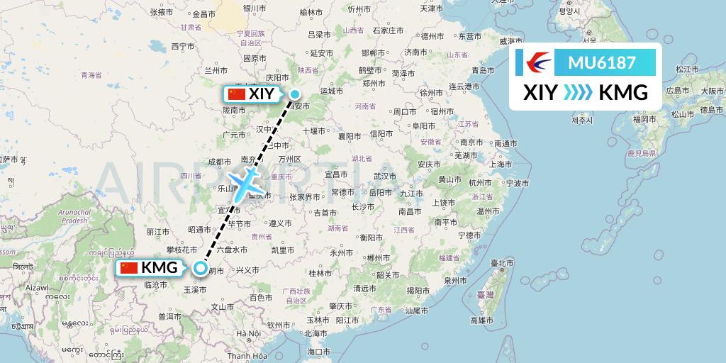 MU6187 China Eastern Airlines Flight Map: Xi'an to Kunming