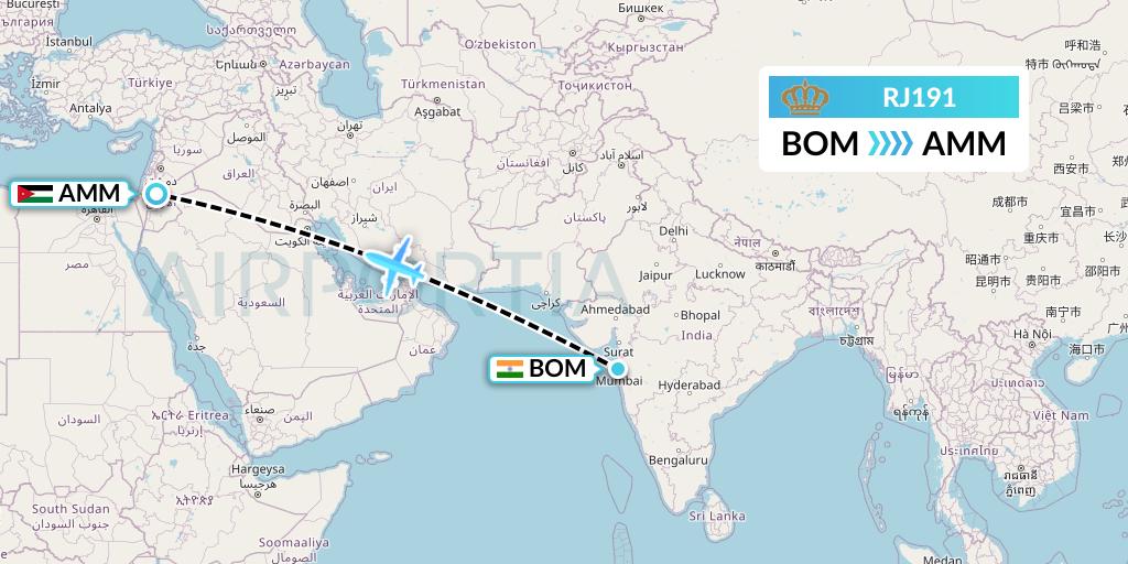 RJ191 Royal Jordanian Flight Map: Mumbai to Amman