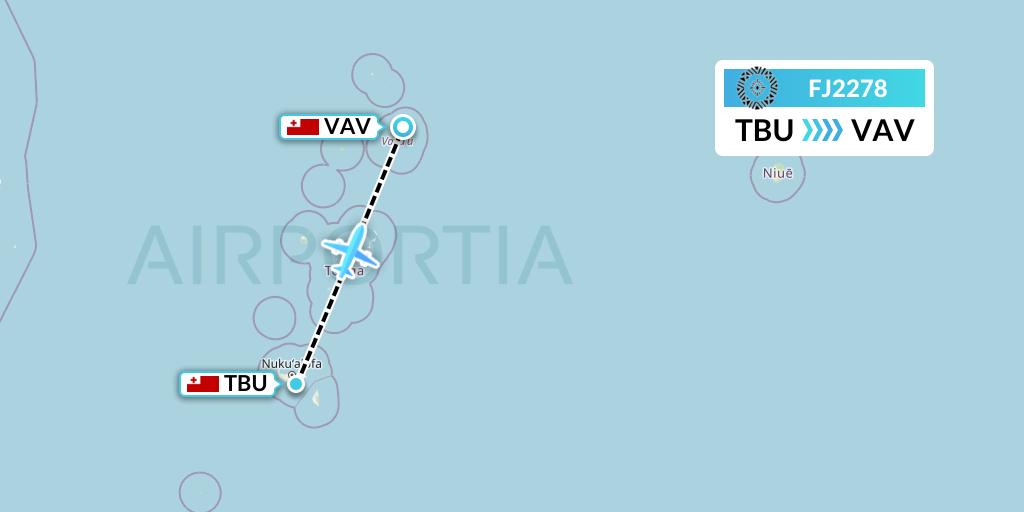 FJ2278 Fiji Airways Flight Map: Tongatapu to Vavau