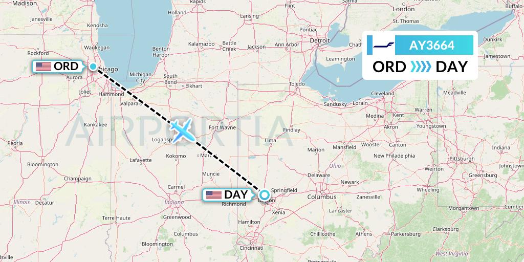 AY3664 Finnair Flight Map: Chicago to Dayton