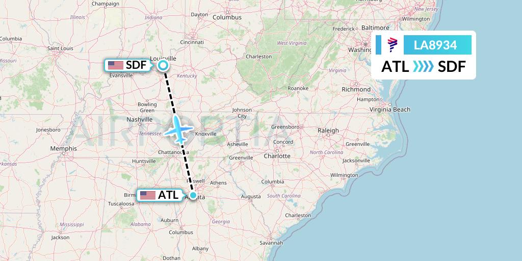 LA8934 LAN Airlines Flight Map: Atlanta to Louisville