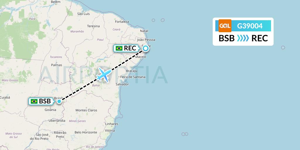 G39004 GOL Transportes Aeros Flight Map: Brasilia to Recife