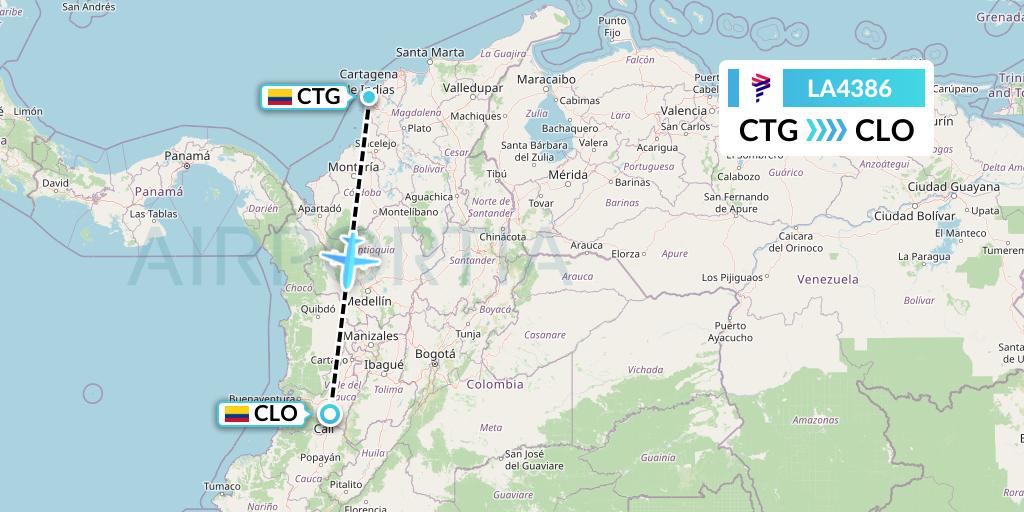LA4386 LAN Airlines Flight Map: Cartagena to Cali