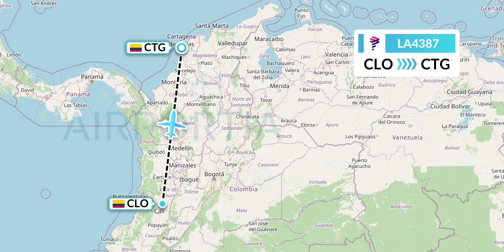 LA4387 LAN Airlines Flight Map: Cali to Cartagena