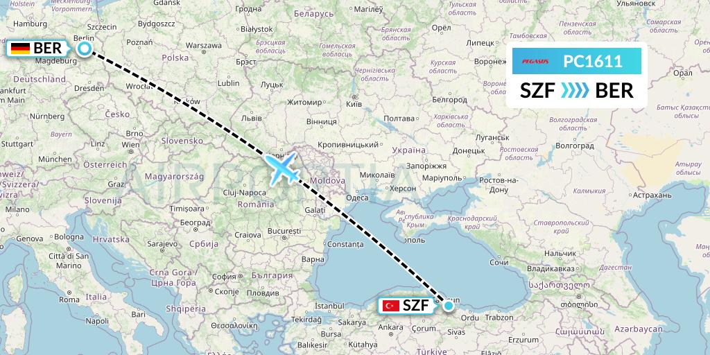 PC1611 Pegasus Airlines Flight Map: Samsun to Berlin