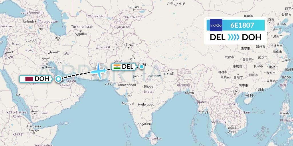 6E1807 IndiGo Airlines Flight Map: Delhi to Doha