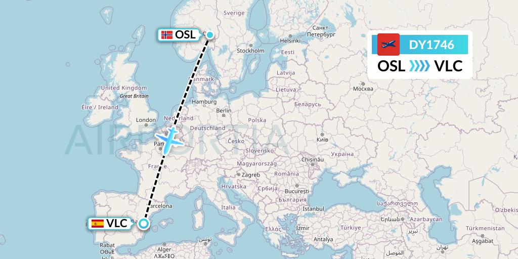 DY1746 Norwegian Flight Map: Oslo to Valencia