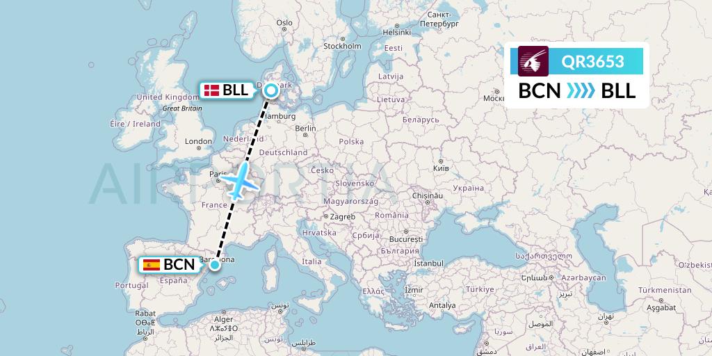 QR3653 Qatar Airways Flight Map: Barcelona to Billund