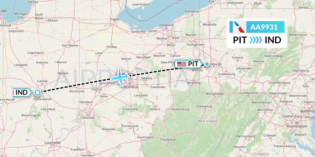 AA9931 American Airlines Flight Map: Pittsburgh to Indianapolis