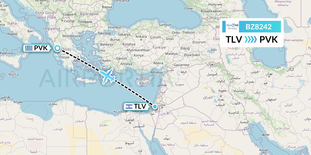 BZ8242 Bluebird Airways Flight Map: Tel Aviv to Preveza