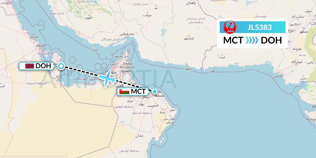 JL5383 Japan Airlines Flight Map: Muscat to Doha