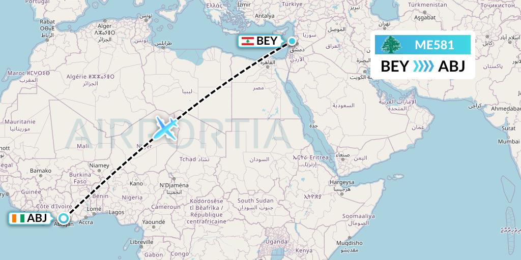 ME581 MEA Flight Map: Beirut to Abidjan