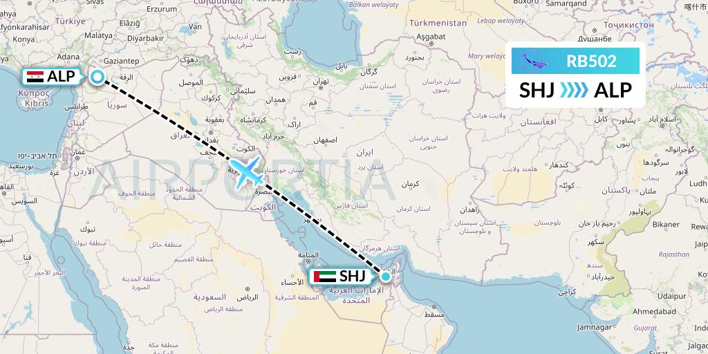 RB502 Syrian Air Flight Map: Sharjah to Aleppo