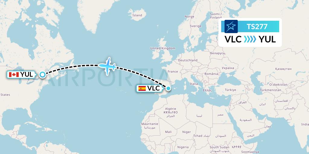 TS277 Air Transat Flight Map: Valencia to Montreal