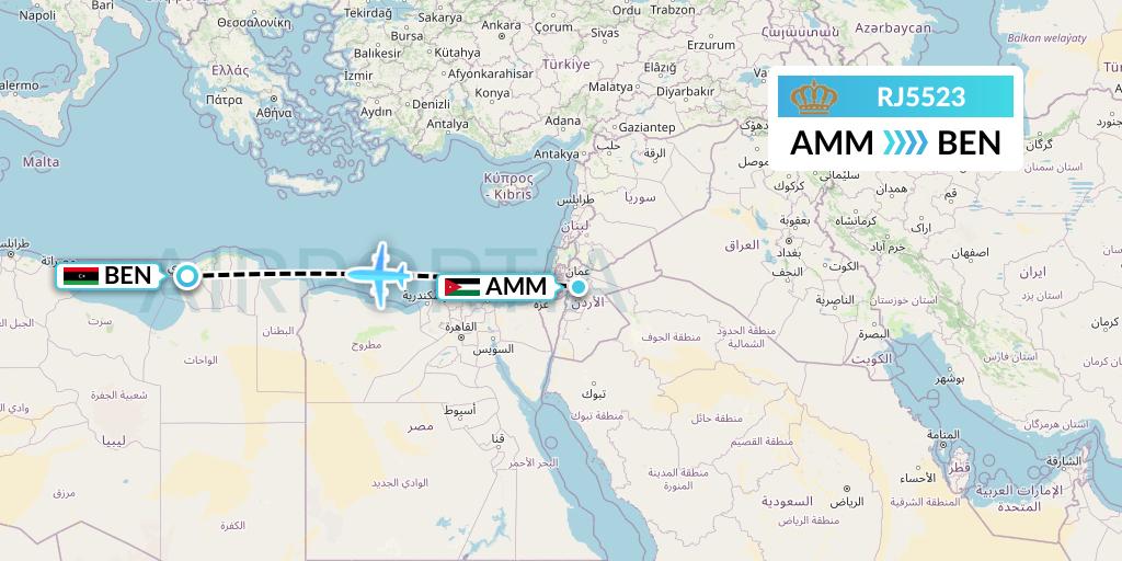 RJ5523 Royal Jordanian Flight Map: Amman to Benghazi