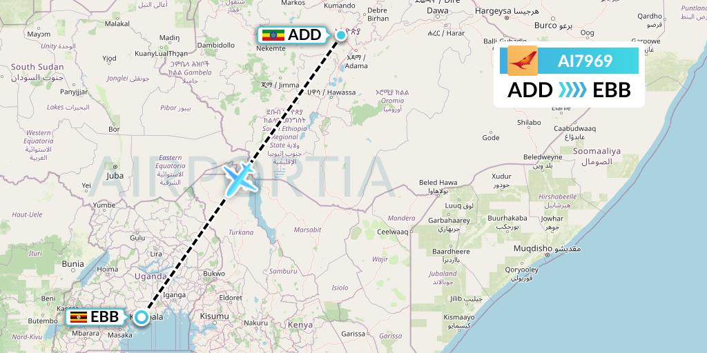 AI7969 Air India Flight Map: Addis Ababa to Entebbe