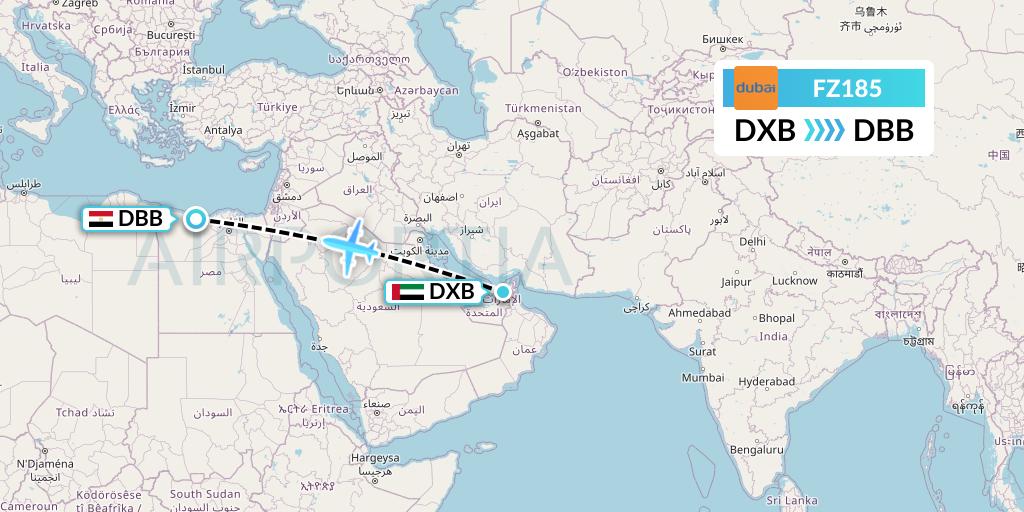FZ185 FlyDubai Flight Map: Dubai to El Alamein