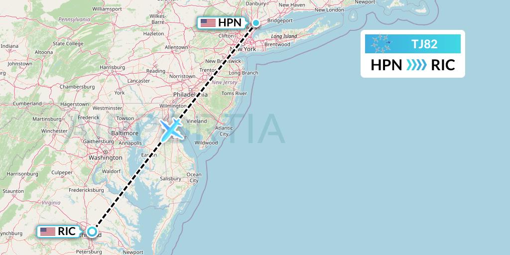 TJ82 Tradewind Aviation Flight Map: White Plains to Richmond