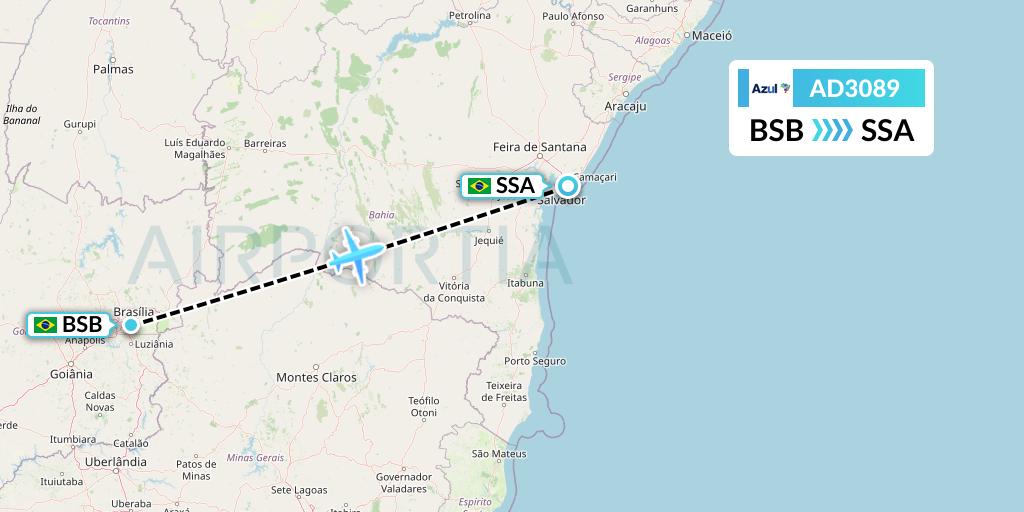 AD3089 Azul Brazilian Airlines Flight Map: Brasilia to Salvador