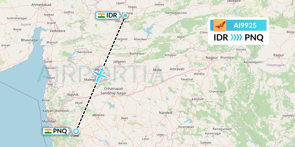 AI9925 Air India Flight Map: Indore to Pune
