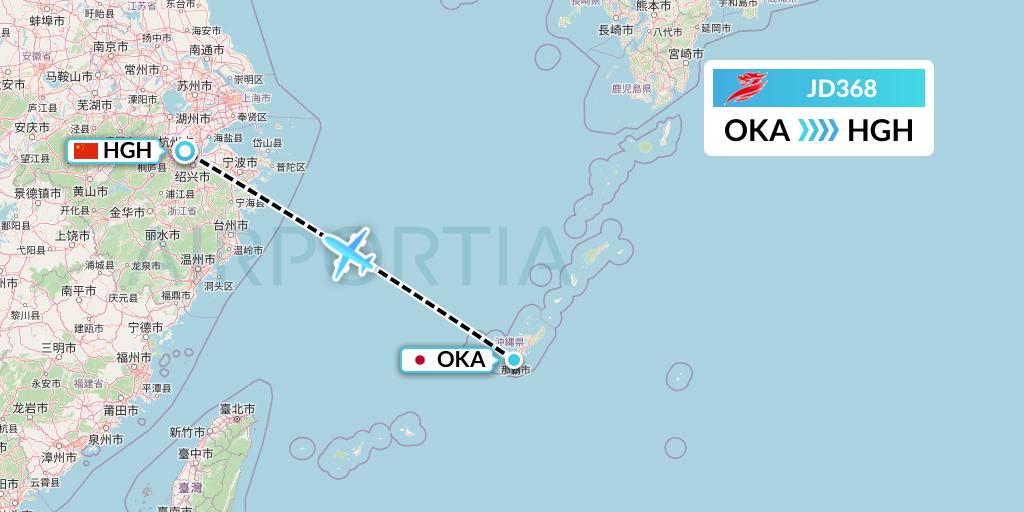 JD368 Capital Airlines Flight Map: Naha to Hangzhou