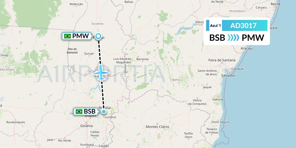 AD3017 Azul Brazilian Airlines Flight Map: Brasilia to Palmas