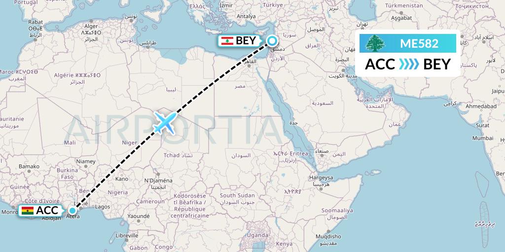 ME582 MEA Flight Map: Accra to Beirut