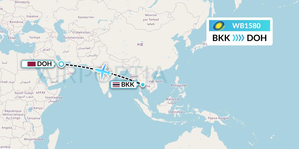 WB1580 RwandAir Flight Map: Bangkok to Doha