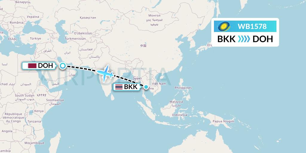 WB1578 RwandAir Flight Map: Bangkok to Doha