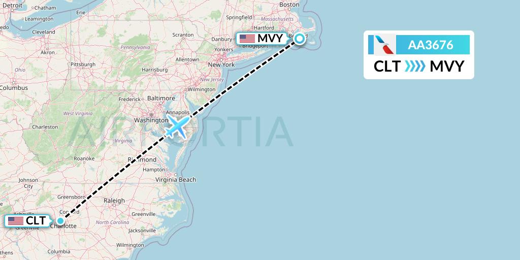 AA3676 American Airlines Flight Map: Charlotte to Martha's Vineyard