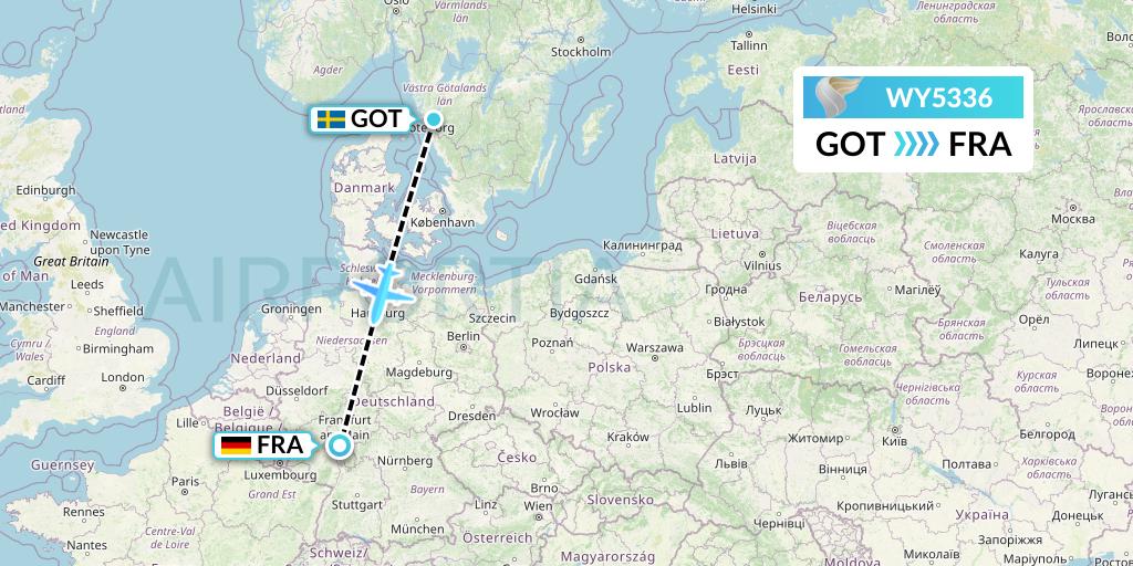 WY5336 Oman Air Flight Map: Gothenburg to Frankfurt