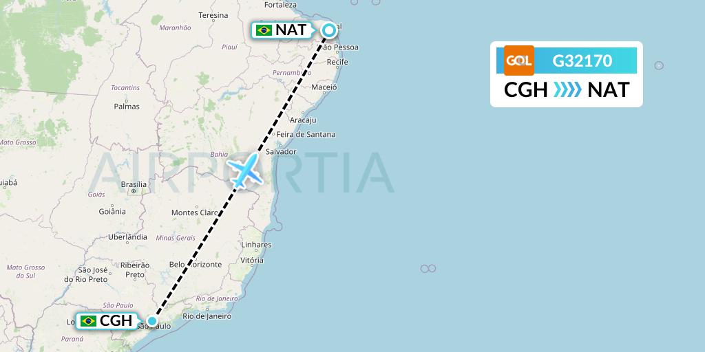 G32170 GOL Transportes Aeros Flight Map: Sao Paulo to Natal