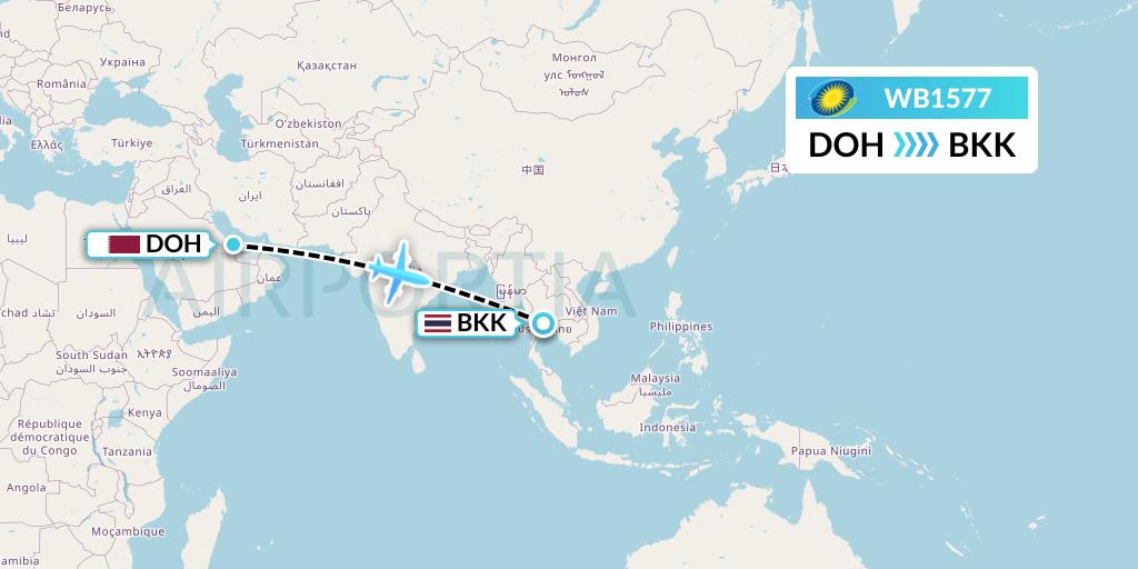 WB1577 RwandAir Flight Map: Doha to Bangkok