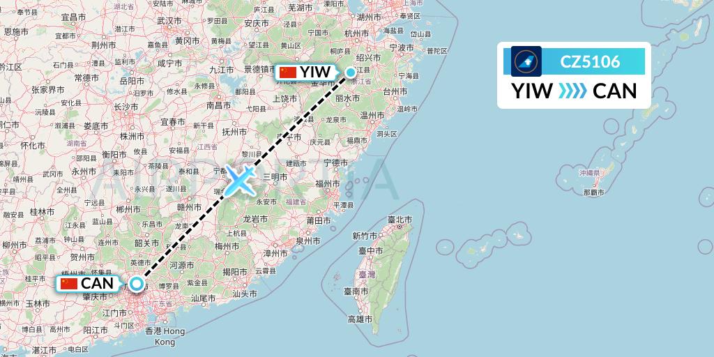 CZ5106 China Southern Airlines Flight Map: Yiwu to Guangzhou