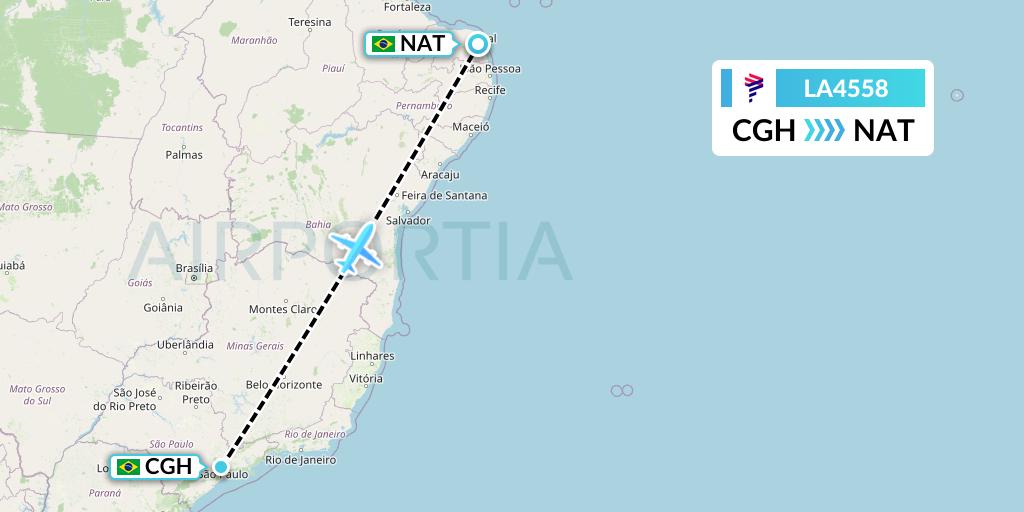 LA4558 LAN Airlines Flight Map: Sao Paulo to Natal