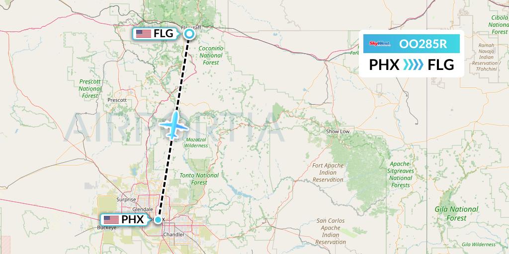 OO285R SkyWest Airlines Flight Map: Phoenix to Flagstaff