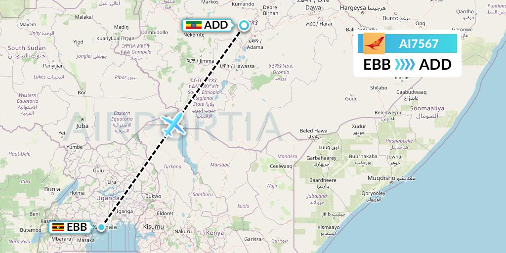 AI7567 Air India Flight Map: Entebbe to Addis Ababa
