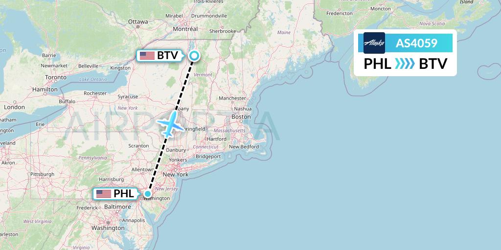 AS4059 Alaska Airlines Flight Map: Philadelphia to Burlington
