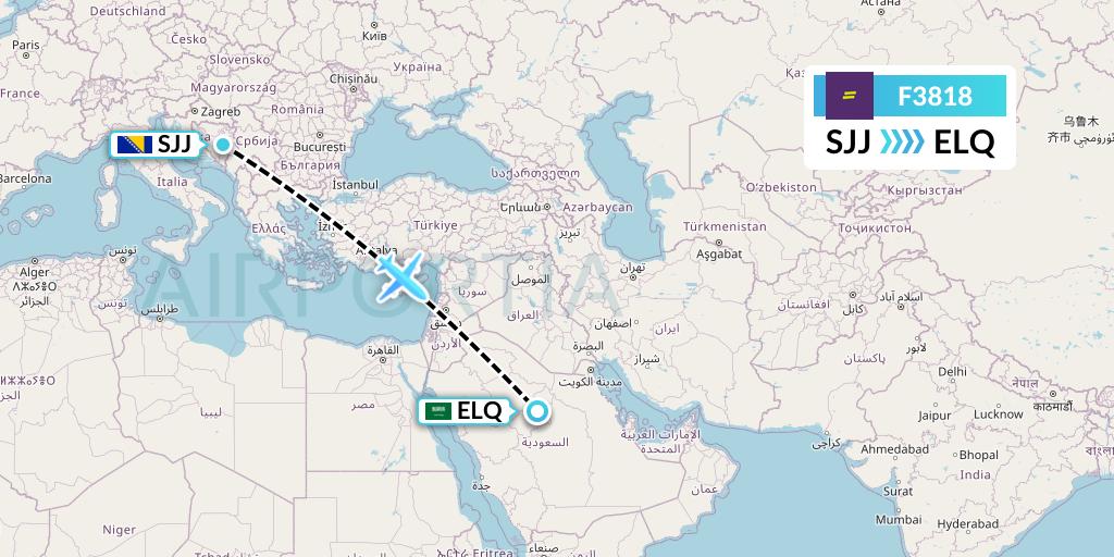 F3818 flydeal Flight Map: Sarajevo to Al-Qassim